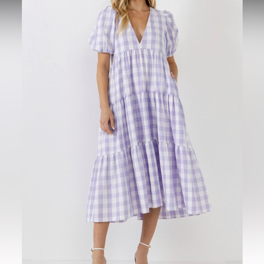 English Factory GINGHAM PUFF SLEEVE MIDI DRESS